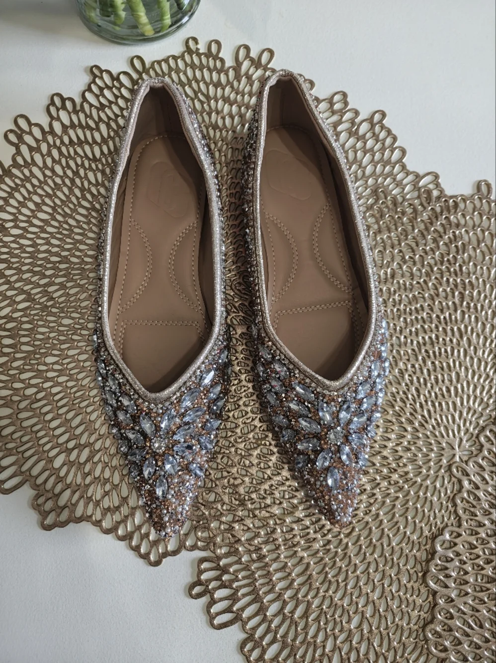 Embellished Rose Gold Pointed Toe Flats NWOT 39
